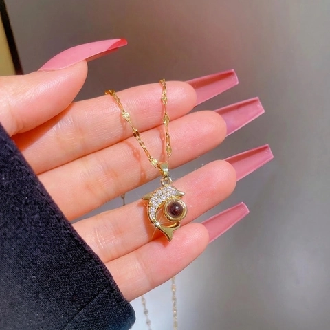 Dolphin Projection Stone Necklace Titanium Steel Chain Copper Pendant Zircon Inlaid Gold Plated Clavicle Jewelry Women