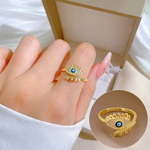 Evil Eye Ring Gold Vergoldetes Messing Zirkonia Verstellbarer Offener Ring Eleganter Minimalistischer Schmuck