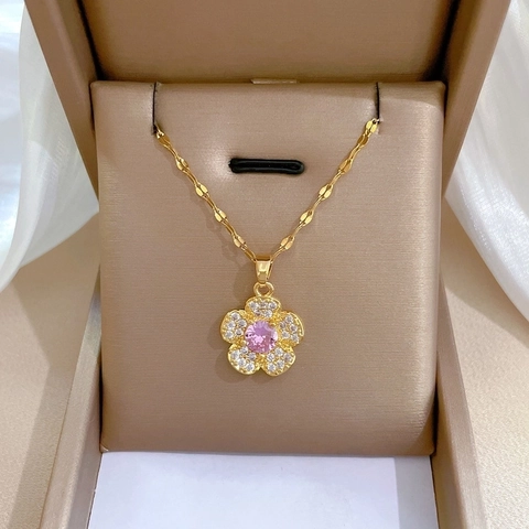 Collar Con Colgante De Flor Cadena De Acero Inoxidable Cobre Gema Rosa Circonita Chapado En Oro Joyería Elegante Mujer