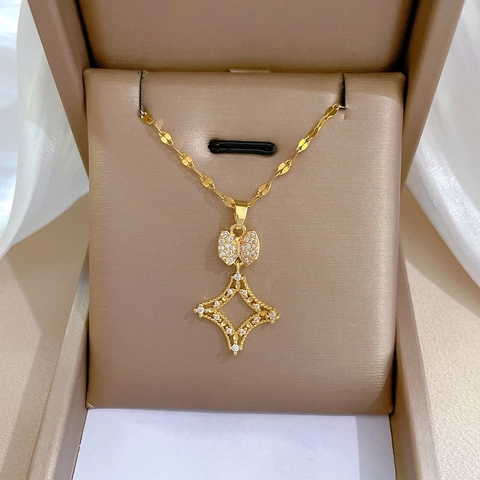 Gold Plated Stainless Steel Chain Necklace With Copper Zirconia Bowknot Star Pendant For Women Elegant Jewelry Accessory