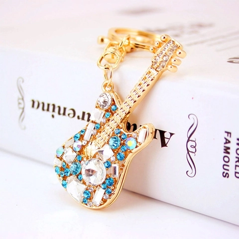 Guitar Keychain Sparkling Rhinestone Metal Musical Instrument Bag Charm Gift For Women