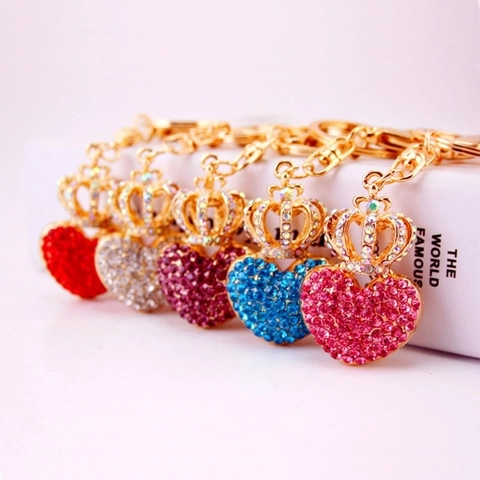 Rhinestone Heart Crown Keychain Zinc Alloy Sparkling Bag Charm Pendant For Women Girls Romantic Gift Accessory