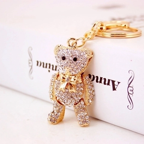 Teddy Bear Keychain Sparkling Rhinestone Zinc Alloy Bag Pendant Cute Animal Charm For Women Girls Gold Plated Keyring