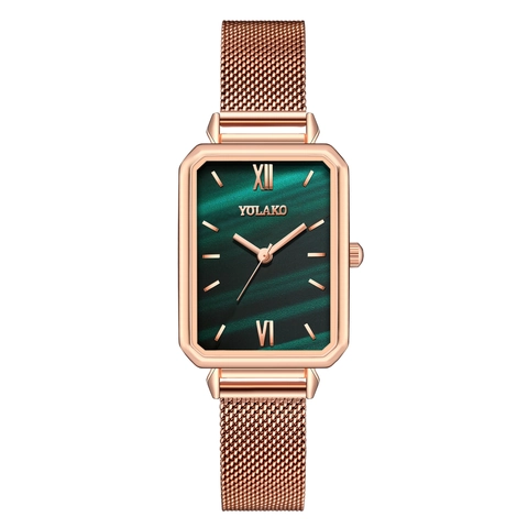 Dames Kwartshorloge Rechthoekige Roségouden Kast Roestvrij Staal Mesh Band Romeinse Cijfers Elegant Retro Minimalistisch