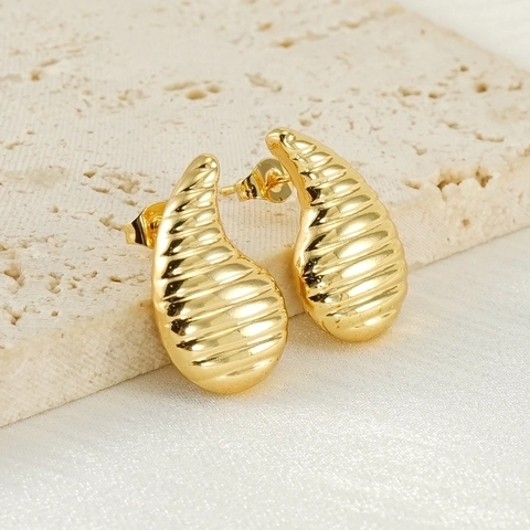 Water Drop Stud Earrings 18K Gold Plated Stainless Steel Threaded Texture Fashion Textured Jewelry Gifts For Women