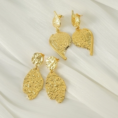 Pendientes Colgantes De Acero Inoxidable Chapado En Oro De 18K Textura Martillada Hoja Irregular Geométrico Vintage Para Mujeres