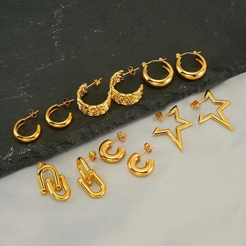Geometric Stainless Steel Hoop Earrings 18K Gold Plated Minimalist Star C Shaped Twisted U Link Jewelry For Women