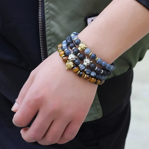 Leopard Head Beaded Bracelet Tiger Eye Stone Lava Rock Snakeskin Agate Alloy Animal Charm Unisex Fashion Jewelry