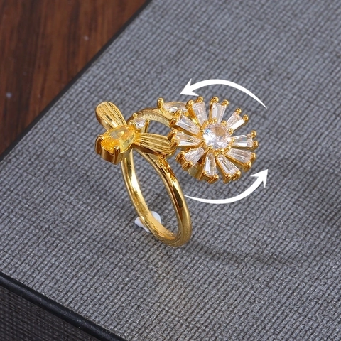 Anillo Giratorio Abeja Flor para Mujer Cobre Circonia Chapado en Oro Ajustable Abierto Margarita Girasole Fidget Anillo Joyería