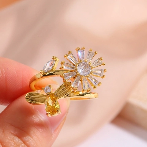 Anillo Giratorio Abeja Flor para Mujer Cobre Circonia Chapado en Oro Ajustable Abierto Margarita Girasole Fidget Anillo Joyería