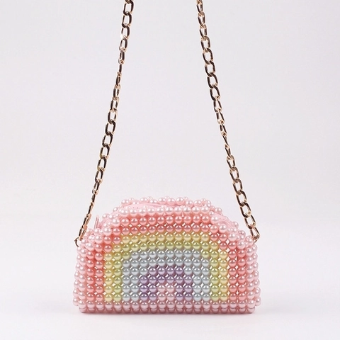 Handmade Rainbow Beaded Crossbody Bag Imitation Artificial Pearl Mini Purse With Metal Chain Strap Sweet Fashion Accessory