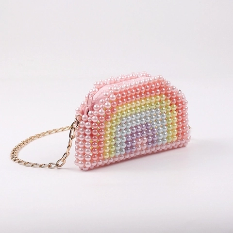 Handmade Beaded Crossbody Bag Acrylic Faux Artificial Pearl Rainbow Gradient Fashion Shoulder Purse With Gold Metal Chain Strap