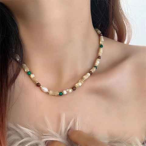 Vintage Handmade Shell Beaded Necklace For Women Elegant Freshwater Pearl Pendant Clavicle Chain Multicolor Boho Jewelry Gift