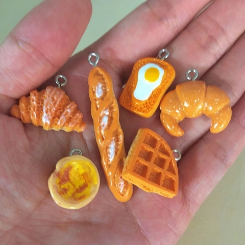 Simulation Bread Toast Egg Tart Croissant Waffle Charms Resin Food Miniature Pendants For DIY Jewelry Making Accessory