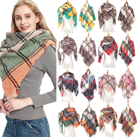 Women's Plaid Triangle Scarf Winter Warm Multicolor Checked Shawl With Tassels Soft Polyester Oversized Wrap For Daily Travel