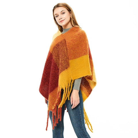 Damen Poncho Cape Mit Karomuster Und Fransen Weicher Strick Warm Herbst Winter Wickelschal