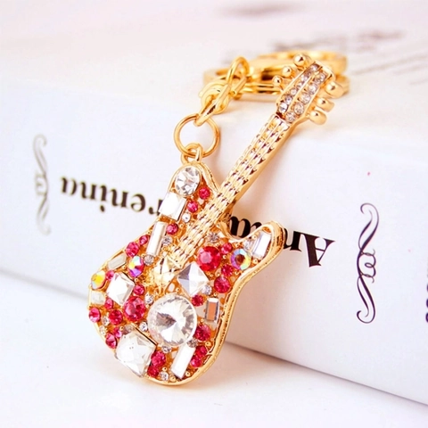 Guitar Keychain Sparkling Rhinestone Metal Musical Instrument Bag Charm Gift For Women