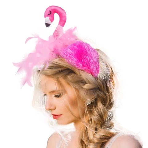Cerchietto Fenicottero Rosa Piuma Velluto Accessorio Capelli Per Festa Halloween Cosplay Costume Compleanno Decorazione Simpatico