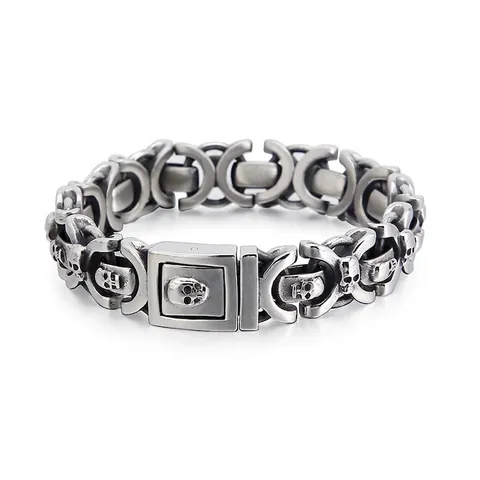 Men Stainless Steel Bracelet Retro Punk Skull Cross Pattern Gothic Hip Hop Jewelry With Secure Buckle For Male