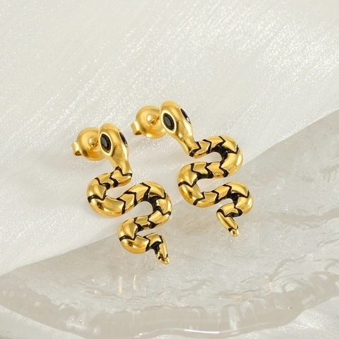 Schlangen Ohrstecker Edelstahl Vergoldet Schwarz Emaille Muster Tierkreis Nische Schick Punk Schmuck Für Damen