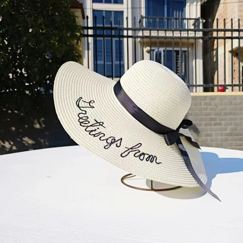 Women Wide Brim Straw Sun Hat Summer Beach Foldable Embroidery Letters Ribbon Bow Decoration Vacation Sunshade Straw Hat