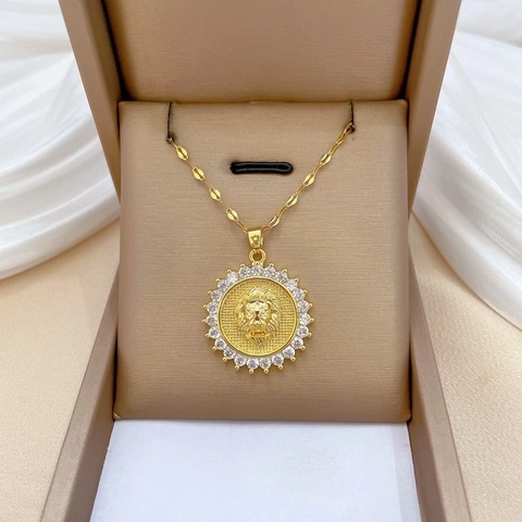 Lion Head Round Pendant Necklace Titanium Steel Chain Copper Micro Inlaid Zircon Luxury Vintage Jewelry For Women Men