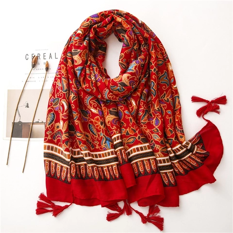 Bohemian Ethnic Style Red Scarf Shawl For Women With Tassels Satin Cotton Polyester Travel Beach Paisley Floral Printing Large Wrap