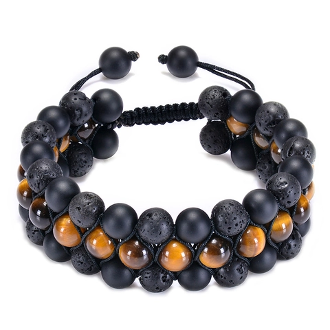 Drierijige Kralenarmband Tijgeroog Lavasteen Matte Agaat Verstelbare Natuursteen Sieraden Voor Heren En Dames