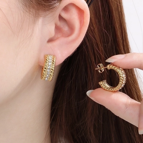 Pendientes De Aro En Forma De C Para Mujer Acero Inoxidable Circonita Cúbica Cuerda Trenzada Pavé De Tres Filas