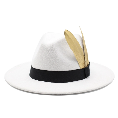 Wide Brim Fedora Hat Wool Felt Jazz Cap With Black Ribbon And Gold Feathers Vintage Luxury Style For Men Women