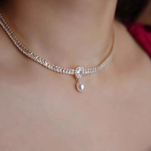 Barock Wassertropfen Künstliche Perle Anhänger Halskette Für Damen Luxus Kupfer Mit Zirkonia Strass Retro Schlüsselbein Kette