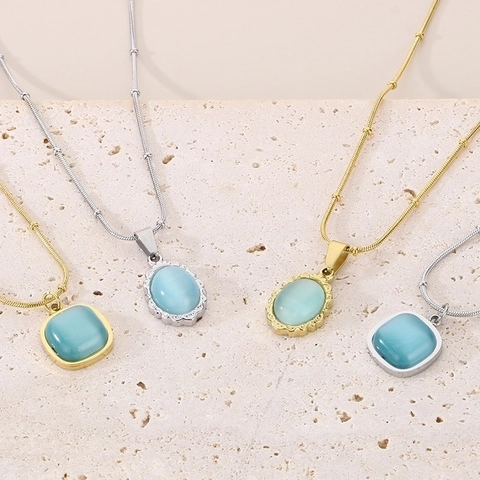 Vintage French Style Stainless Steel Necklace With Scalloped Cat Eye Stone Pendant Elegant Jewelry For Women