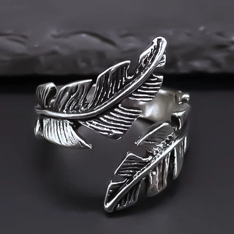 Vintage Alloy Feather Open Ring For Men Women Adjustable Antique Silver Color Retro Bohemian Style Fashion Finger Jewelry