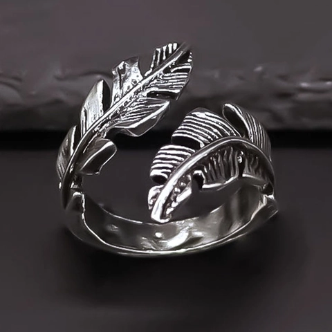 Vintage Alloy Feather Open Ring For Men Women Adjustable Antique Silver Color Retro Bohemian Style Fashion Finger Jewelry
