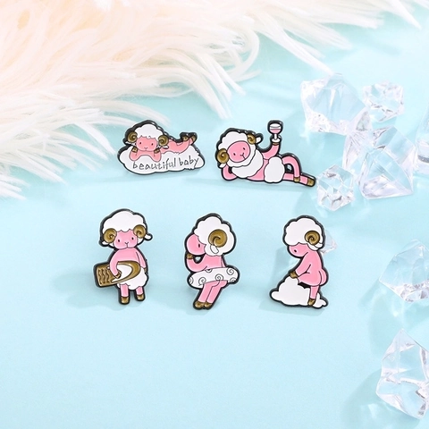 Broche Esmalte Oveja Rosa Dibujos Animados Aleación Zinc Insignia Animal Para Mochila Chaqueta Accesorio Joyería Moda