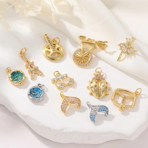 Gold Plated Copper Charms Cubic Zirconia Pendants DIY Jewelry Making Findings Fish Tail Tower Bicycle Ballet Dancer