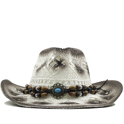 Western Cowboy Strohhut Damen Hohl Gewebt Farbverlauf Papier Fedora Mit Türkis Holzperlen Für Strand Reise Ethno Stil
