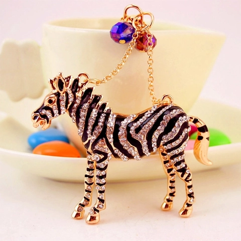 Portacchiavi Zebra Oro Lega Zinco Smalto Strass Animale Ciondolo Borsa Carino Bling Regalo