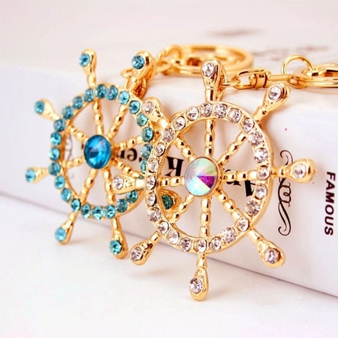 Kreativer Nautischer Schiffsruder Schlüsselanhänger Zinklegierung Strass Eingelegt Gold Anhänger Schlüsselring Für Auto Tasche Damen Schmuck