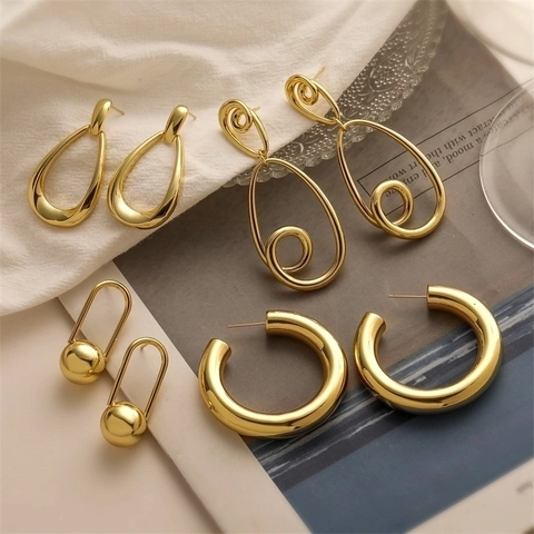 Orecchini Geometrici Minimalisti in Rame Placcato Oro a Goccia Cava per Donna Orecchini a Cerchio a Spirale di Design di Nicchia Gioielli