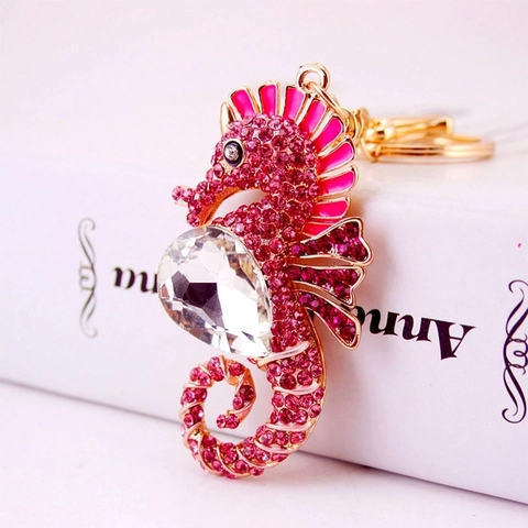Cute Seahorse Keychain Crystal Rhinestone Zinc Alloy Animal Bag Charm Key Ring For Women Girls Gift Fashion Accessory
