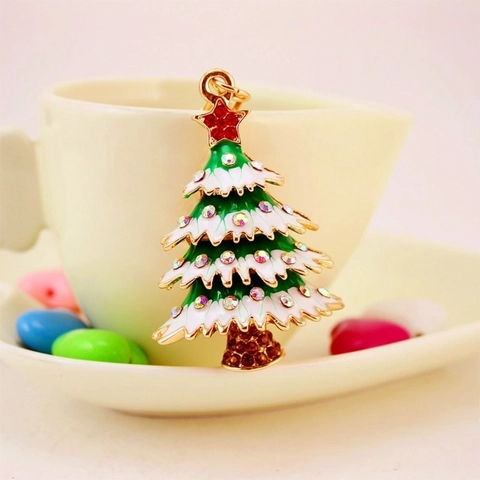 Kerstboom Sleutelhanger Zinklegering Emaille Strass Sprankelende Feestelijke Tas Charm Vergulde Sleutelring Cadeau