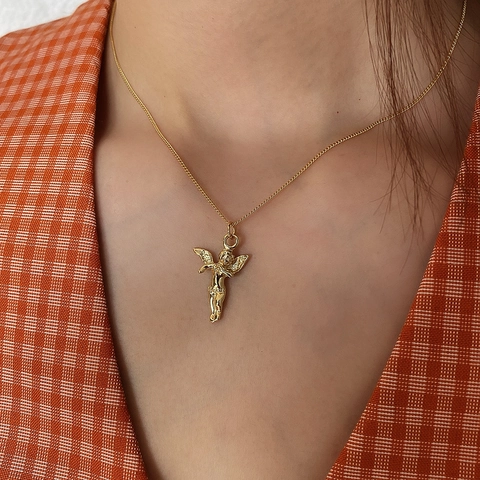 Mini Engel Anhänger Halskette 925 Sterlingsilber 18K Vergoldet Minimalistisch Französischer Stil Vintage Schmuck Für Damen