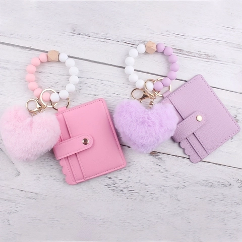 Portachiavi Bracciale Perline Silicone Bordo Ondulato Porta Carte Pelle PU Cuore Peluche Pelliccia Sintetica Accessorio