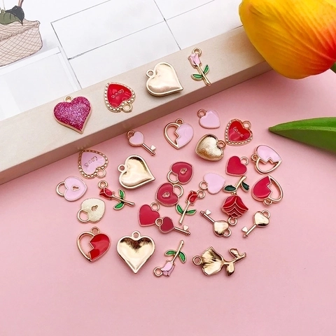 Alloy Enamel Heart Rose Key Lock Charms Pendants For DIY Jewelry Making Romantic Valentine Day Love Theme Accessories