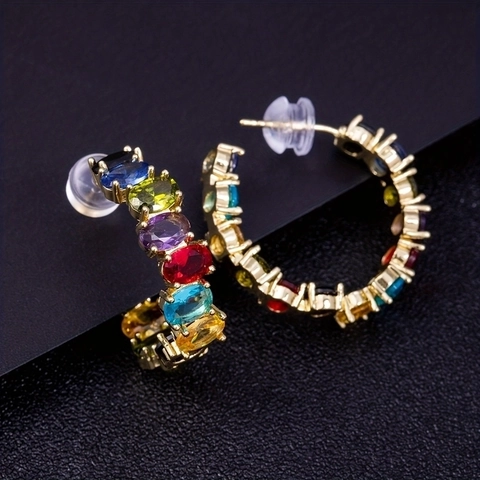 Rainbow Crystal C Shaped Earrings Copper Gold Plated Colorful Zircon Geometric Studs Vintage Jewelry For Women