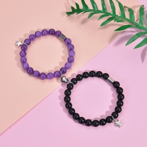 Bracciali Magnetici Per Coppia Perline In Pietra Naturale Chiusura A Cuore Ciondolo A Stella Gioielli Elastici Fatti A Mano