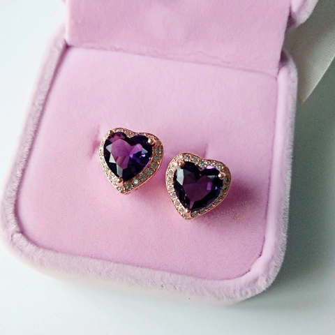 Vintage Copper Heart Stud Earrings With Purple Blue Yellow Rhinestone Halo For Women Romantic Wedding Jewelry Gift