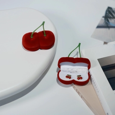 Caja De Joyería Con Forma De Cereza Terciopelo Flocado Embalaje De Regalo Para Pendientes Collar Propuesta Cumpleaños Boda Rojo