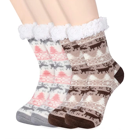 Damen Hausschuhe Socken Sherpa Fleece Gefüttert Rutschfest Nordic Elch Schneeflocke Strick Dick Winter Boden